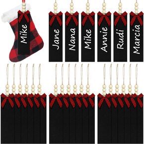 24 Pieces Christmas Wood Stocking Name Tags Buffalo Plaid Row Stocking Tags with Rope and Wooden Beads Mini Hanging Chalkboard Tags for Xmas Home (Brown Card White Black Plaid Bow, 3 x 2 Inch)