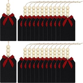 24 Pieces Christmas Wood Stocking Name Tags Buffalo Plaid Row Stocking Tags with Rope and Wooden Beads Mini Hanging Chalkboard Tags for Xmas Home (Brown Card White Black Plaid Bow, 3 x 2 Inch) in Kuwait