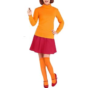 Smile Fish Women Velma Costume Adult Includes Orange Turtleneck Sweater, Red Skirt, Orange Socks