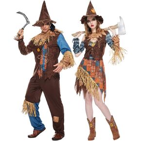 Halloween Adult Scary Scarecrow Costumes for Couple Women Men Funny Scarecrow Costume with Hat Party Suit