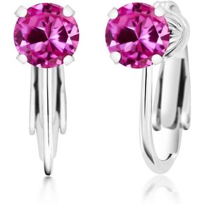 Gem Stone King 925 Sterling Silver Pink Created Sapphire Clip On Earrings For Women (2.00 Ct, Round 6MM)