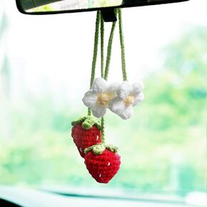 2 pcs Cute Crochet Handmade Strawberry Car Mirror Hanging Ornament Accessories Rear View Mirror Decor Car Pendant Auto Decoration Gift-Handmade Knitted for Women Girl Car Gifts Interior Decor(Pink)