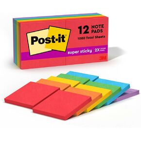 Post-it Super Sticky Notes, 3x3 in, 12 Pads, 2x the Sticking Power, Assorted Bright Colors, Recyclable (654-15SSMULTI2)