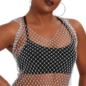 DRESBE Rhinestone Mesh Body Chains Hollow Tank Tops Bikini Crop Top Party Body Jewelry Accessories for Women and Girls (White-V Neck-L)