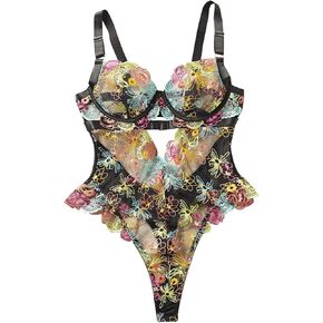MakeMeChic Women's Floral Embroidery Mesh Sheer Cut Out Backless Lingerie Bodysuit Teddies