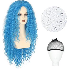 شعر مستعار أزرق طويل مجعد للفتيات من يان دريم مع ملصق للعين، شعر مستعار صناعي تنكري in Kuwait