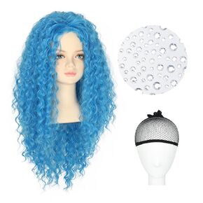 Yan Dream Girls Kids Long Curly Blue Wig with Eye Sticker Synthetic Cosplay Costume Wig
