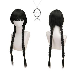 Addams Cosplay Wig with Spinning Necklace Women Wednesday Long Hair Wig High Temperature Resistant Synthetic Braided Wig Halloween Accessories
