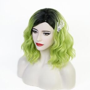 Probeauty Short Green Curly Wig for Kids Girls, Medium Length Black Green Ombre Wig with Ghost Claw Bow Hairpin for Halloween Cosplay Party