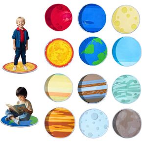 Non-Slip 12Pcs 16'' Solar System Carpet Circle Seats for Classroom|Kids Round Floor Mats|Circle Time Learning Playing Area Carpet Squares Seating|Elementary School Preschool Day Care|