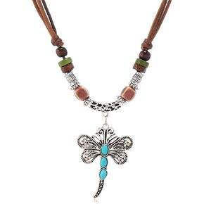HETICA Boho Necklace for Women, Vintage Turquoise Dragonfly Necklace Adjustable Wooden Beads Braided Necklace Fashion Tribal Style Leather Rope Necklace Jewelry