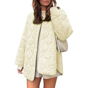 PEHMEA Women's Quilted Jacket Oversized Button Down Coat Fashion Bomber Outerwear with Pockets