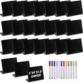 24 Pack Mini Chalkboard Sign Acrylic 4"x3" Food Labels for Party Buffet with Marker Pen 5mm Tabletop Chalkboard Labels Party Buffet Reusable and Reserved Displays Elegant for Weddings Place