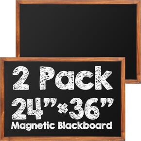 2 Pieces 24 x 36 Inch Magnetic Chalkboard Blackboard Large Hanging Framed Wall Chalk Board Natural Pine Frame Easy-to-Erase Black Board for Home Office