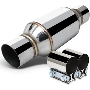 M-AUTO Universal Chrome Welded Muffler, 12" Overall Length Heavy Duty Stainless Steel 2.25" Inlet and Outlet Direct Fit Exhaust Muffler Assembly, Chrome