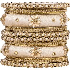 Aheli Traditional Gold Plated 2.6 Inch Cream Silk Thread & Stone Studded Chuda Bangles Ethnic Stylish Fashion Jewelry Gift for Women