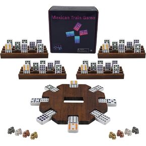 8 Players Mexican Train Dominoes Game Set - Double 12 Dominoes with Wooden Hub, 8 Metal Trains & Domino Storage Bag| Family Board Game for 2-8 Players