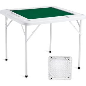 VEVOR Mahjong Table, 4 Player Folding Domino Table with Wear-Resistant Green Tabletop, Portable Square Card Table with 4 Cup Holders & 4 Chip Trays for Mahjong Poker Puzzles, 35.4 x 35.4-inch
