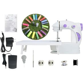 Portable sewing machine, very easy to use for beginners and children, with light and extension table. Includes a set of threads and accessories. Mini handheld sewing machine with two speeds.