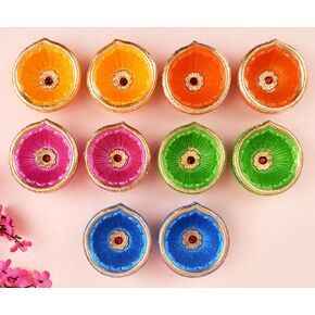 SATVIK 10 Pc Multicolor Clay Diya Terracotta Dia Traditional Puja Vilakku Oil Lamp Natural Mitti Diya Tea Light Welcome Diwali Deepawali Navratri Pooja Décorations Indian (Design 1, 36)