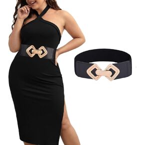 Ursumy Women Wide Elastic Waist Belt Fashion Square Gold Buckle Belts for Dresses Vintage Stretchy Ladies Belt