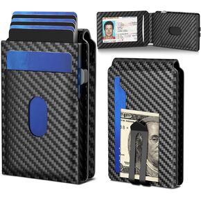 Carbon Fiber RFID Wallet for Men - Men's Pop Up Wallet, Holds 10 Cards, Slim Minimalist Design with Aluminum Money Clip, Card Holder with ID Window