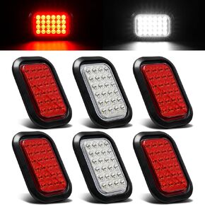 6PCS 5x3 Inch 24 LED Red Stop/Turn/Tail/Lights White Backup Reverse Lights 5"x3" Rectangle Truck Trailer Tail Hitch Lights w/Grommets & 3 Wire Pigtail Plug (4xRed+2xWhite)