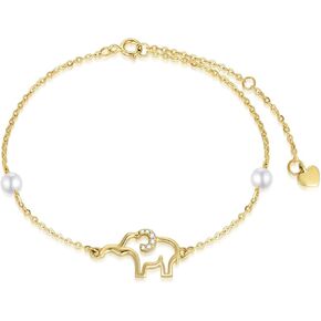 14k Gold Elephant Bracelet for Women, Real Gold Pearl Lucky Jewelry Bracelets Gifts for Sister/Wife/Girlfriend, Present for Her, 6.4"+1"+1" in Saudi Arabia