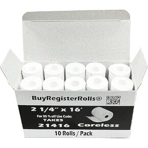 (10 Rolls) 2 1/4 x 16 Thermal Paper Rolls Coreless 2.25 (57mm) x 16 ft 1 Ply Poynt Smart Payment Terminal Receipt Printer Paper Rolls BPA Free From BuyRegisterRolls