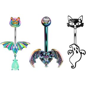 3Pcs Halloween Ghost Bat Heart Belly Button Rings for Women 14G Colorful CZ Stainless Steel Cat Belly Navel Rings Studs Curved Barbell Halloween Belly Piercing Jewelry