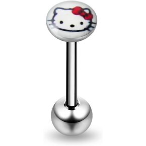 Flat Top White HELLO KITTY Logo with 16MM Surgical Steel Tongue Rings