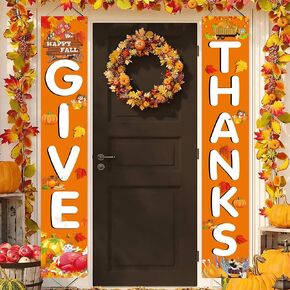 GIVE THANKS Hanging Banner Porch Sign Autumn Pumpkin Maple Leaf Backdrop Flag Fall Harvest Welcome Banner For Indoor Outdoor Wall Door Decoration Thanksgiving Party Decorations 72"x12"