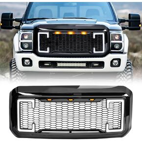 AMERICAN MODIFIED Raptor Front Grille with Amber LED Lights Compatible with Ford F250/350/450/550 Super Duty 2011 to 2016 Models, Matte Black