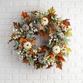 Fall Wreath for Front Door Autumn Pumpkin Maple Leaves Halloween Wreath Thanksgiving Wreaths Outdoor Indoor Farmhouse Wall Window Home Decoration (Fall Wreaths-A)