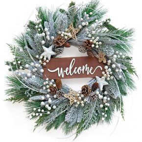 Winter Wreaths for Front Door 24 Inch Outdoor Christmas Wreath with Welcome Signs,Flocked Winter Door Wreath with Pinecones and White Berries,Green Evergreen Spring Wreath for Holiday Decor