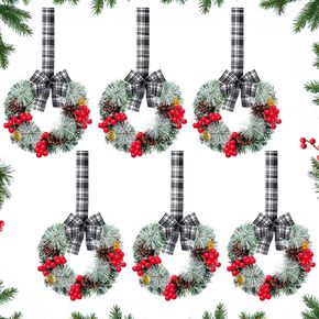 12 Pcs Cabinet Wreaths for Kitchen Mini Christmas Wreaths with Ribbon Small Christmas Farmhouse Wreaths Artificial Pine Cone Hanging Wreath for Front Door Window (Red)