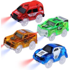 Tracks Cars Magic,Light Up Magic Toy Race Cars Glow in The Dark Toy Cars Gifts for 3 4 5 6 7 8 Kid,Boy&Girl with 5 LED Flashing Light Battery Operated Vehicle Compatible with Most Race Tracks(4pcs)