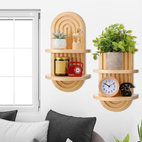 Wenqik 2 Pcs Boho Wall Shelf Rainbow Arch Wooden Floating Shelf Mid Century Wall Shelves Bohemian Hanging Shelf Double Vintage Wall Mount Altar Decor for Nursery Bedroom 15.75 x 6.69 Inches(Brown) in Kuwait