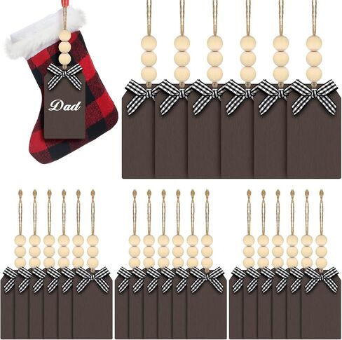 24 Pieces Christmas Wood Stocking Name Tags Buffalo Plaid Row Stocking Tags with Rope and Wooden Beads Mini Hanging Chalkboard Tags for Xmas Home (Brown Card White Black Plaid Bow, 3 x 2 Inch) in Saudi Arabia