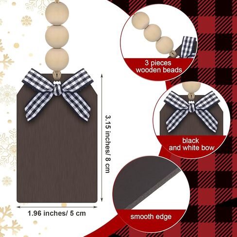 24 Pieces Christmas Wood Stocking Name Tags Buffalo Plaid Row Stocking Tags with Rope and Wooden Beads Mini Hanging Chalkboard Tags for Xmas Home (Brown Card White Black Plaid Bow, 3 x 2 Inch) in Saudi Arabia