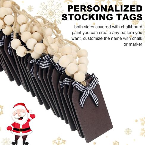24 Pieces Christmas Wood Stocking Name Tags Buffalo Plaid Row Stocking Tags with Rope and Wooden Beads Mini Hanging Chalkboard Tags for Xmas Home (Brown Card White Black Plaid Bow, 3 x 2 Inch) in Saudi Arabia