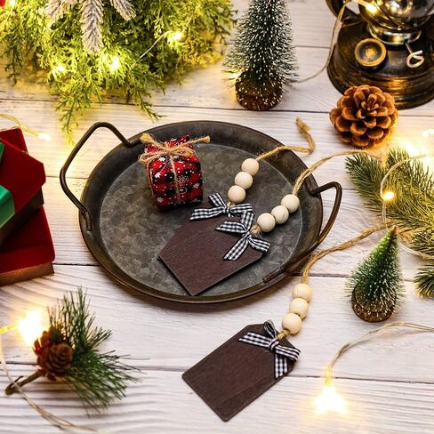 24 Pieces Christmas Wood Stocking Name Tags Buffalo Plaid Row Stocking Tags with Rope and Wooden Beads Mini Hanging Chalkboard Tags for Xmas Home (Brown Card White Black Plaid Bow, 3 x 2 Inch) in Saudi Arabia