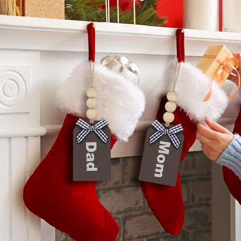 24 Pieces Christmas Wood Stocking Name Tags Buffalo Plaid Row Stocking Tags with Rope and Wooden Beads Mini Hanging Chalkboard Tags for Xmas Home (Brown Card White Black Plaid Bow, 3 x 2 Inch) in Saudi Arabia