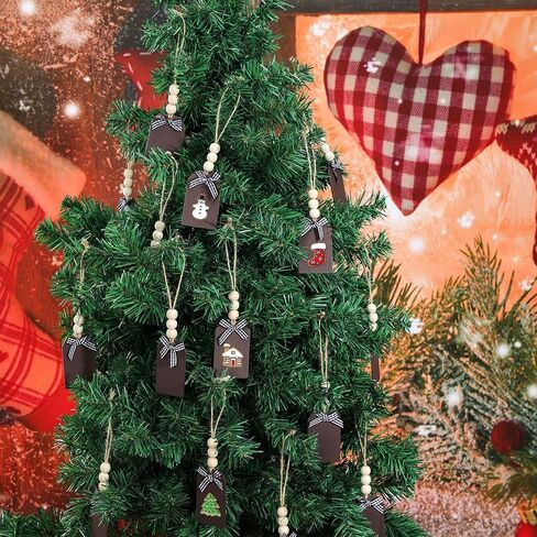 24 Pieces Christmas Wood Stocking Name Tags Buffalo Plaid Row Stocking Tags with Rope and Wooden Beads Mini Hanging Chalkboard Tags for Xmas Home (Brown Card White Black Plaid Bow, 3 x 2 Inch) in Saudi Arabia