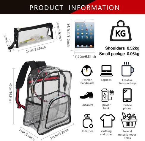 Clear Backpack,Clear Bag Stadium Approved For Sports Travel,Large Clear Backpack,clear Backpacks For School Heavy Duty,Waterproof Transparent Backpack,See Through Backpack With A Pen Bag(Black) in Saudi Arabia