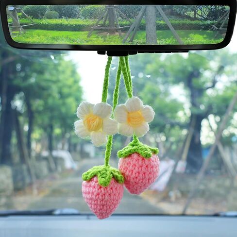 2 pcs Cute Crochet Handmade Strawberry Car Mirror Hanging Ornament Accessories Rear View Mirror Decor Car Pendant Auto Decoration Gift-Handmade Knitted for Women Girl Car Gifts Interior Decor(Pink) in Saudi Arabia
