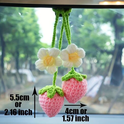 2 pcs Cute Crochet Handmade Strawberry Car Mirror Hanging Ornament Accessories Rear View Mirror Decor Car Pendant Auto Decoration Gift-Handmade Knitted for Women Girl Car Gifts Interior Decor(Pink) in Saudi Arabia