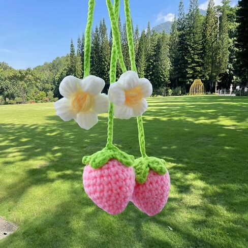 2 pcs Cute Crochet Handmade Strawberry Car Mirror Hanging Ornament Accessories Rear View Mirror Decor Car Pendant Auto Decoration Gift-Handmade Knitted for Women Girl Car Gifts Interior Decor(Pink) in Saudi Arabia
