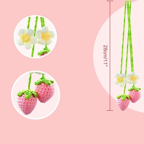 2 pcs Cute Crochet Handmade Strawberry Car Mirror Hanging Ornament Accessories Rear View Mirror Decor Car Pendant Auto Decoration Gift-Handmade Knitted for Women Girl Car Gifts Interior Decor(Pink) in Saudi Arabia
