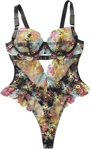 MakeMeChic Women's Floral Embroidery Mesh Sheer Cut Out Backless Lingerie Bodysuit Teddies in Kuwait